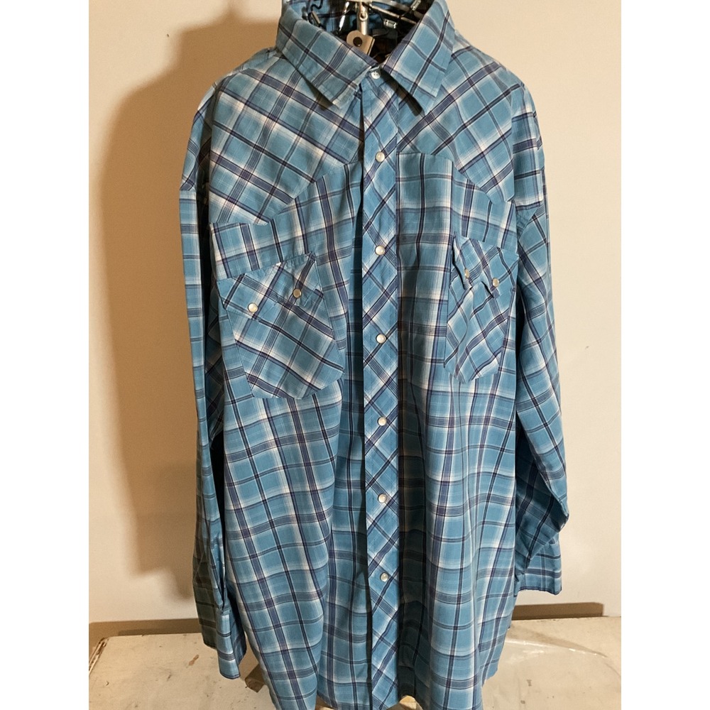 Wrangler Mens 3XL Blue Plaid Western Fashion Snap Front Long‎ Sleeve WM122BL